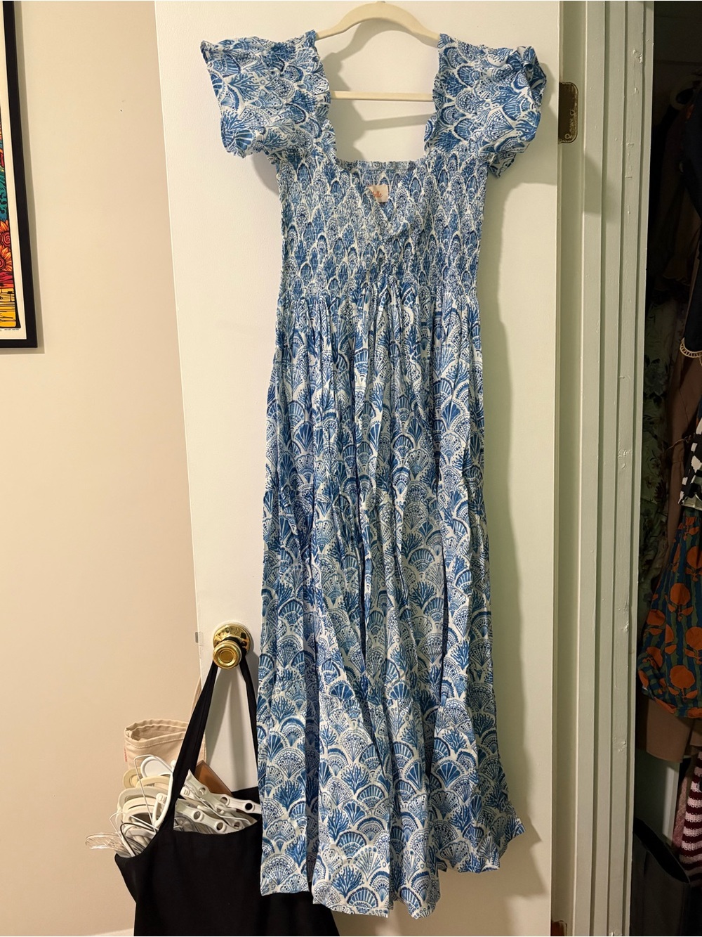Blue Printed Smocked Maxi Dress with Flutter Sleeves